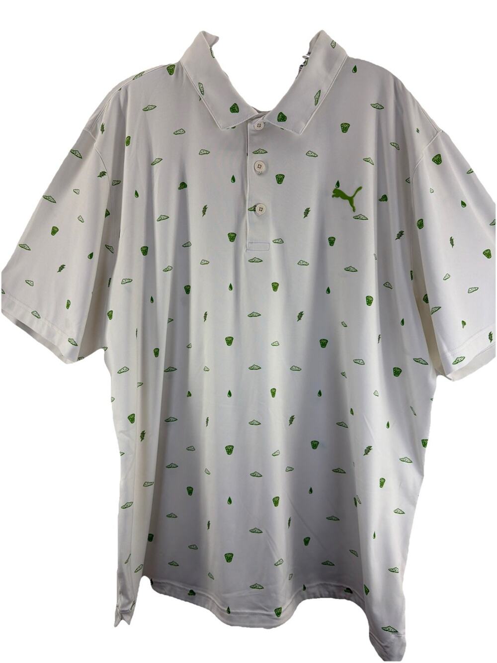 Puma Golf Range Buckets Print Logo Polo Shirt - White Green UPF 50+ XXL All Over